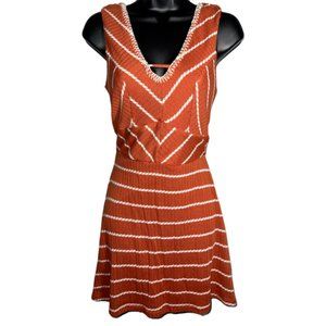 Three Pink Hearts V Neck Boho Burnt Orange Striped Dress Sz M NWT